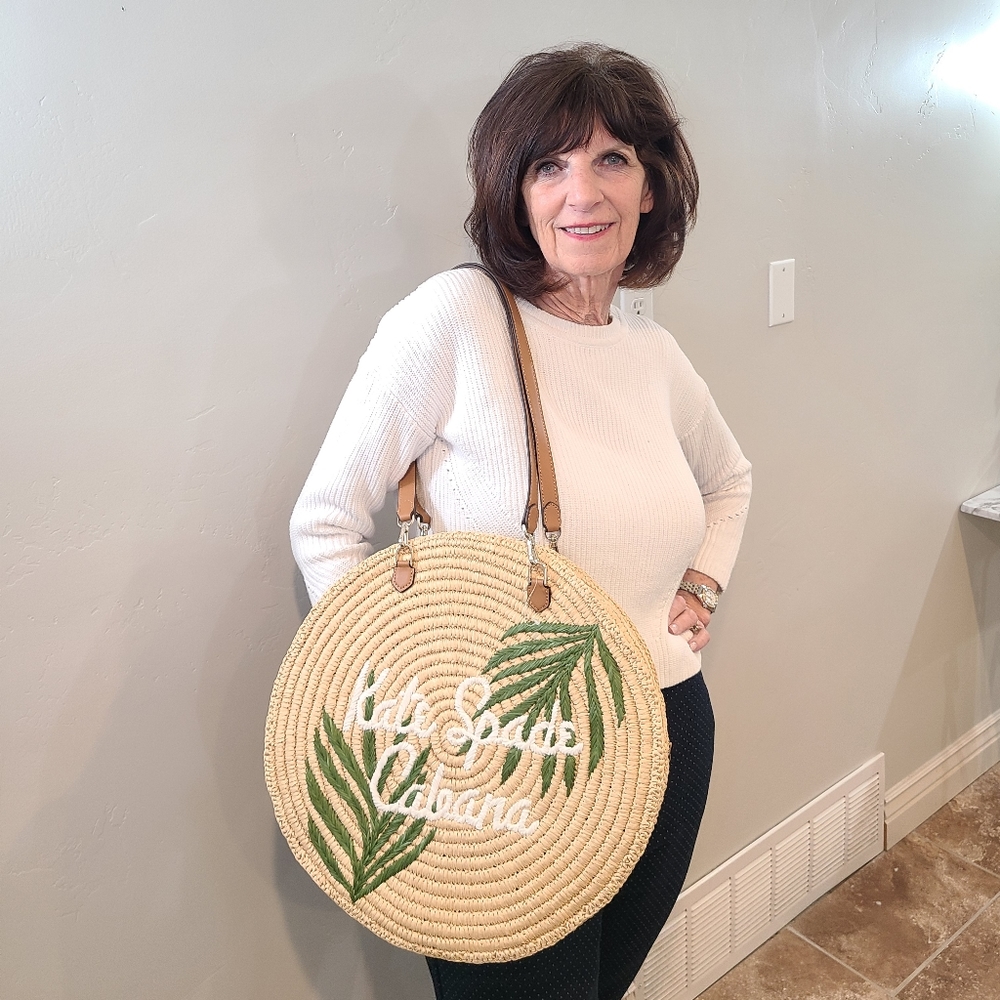 kate spade Natural Straw Round Tote with Green Leaf Embroidery and White Script - Picture 6 of 6